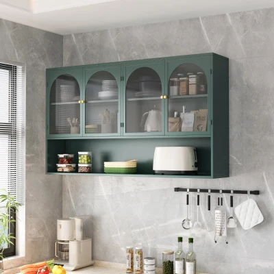 Armadietto a muro con quattro ante in vetro e ripiano, Verde scuro