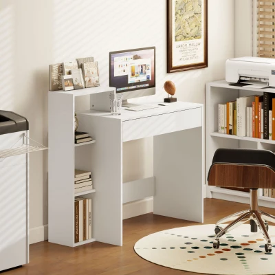 HOMCOM Moderner PC-Schreibtisch mit 3 Offenen Regalen und Schublade, Weißes Holz, 100x40x90 cm