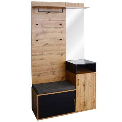 Elegant Hallway Wardrobe Set with Mirror, Black+Natural