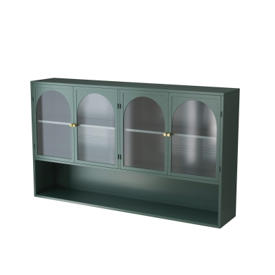 Armadietto a muro con quattro ante in vetro e ripiano, per cucina, soggiorno, bagno, 120x23x70 cm, Verde scuro
