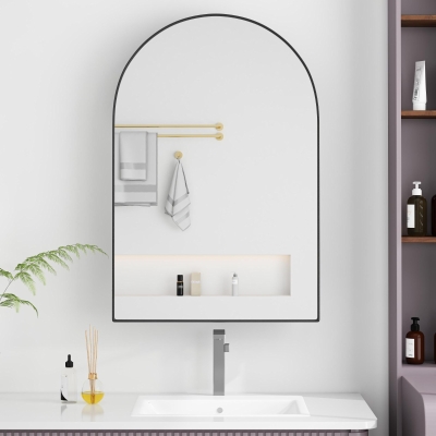 Armoire murale avec miroir arqué et cadre en métal, Noir