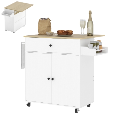 HOMCOM Rolling Kitchen Island with Drop Leaf, Kitchen Storage Cart with Drawer, Spice Rack and Towel Rack, White