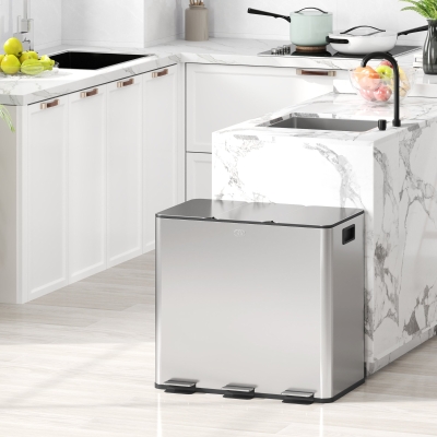 HOMCOM Poubelle 3x15L Compartiments Fermeture Douce Argent