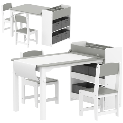 AIYAPLAY Conjunto mesa y 2 sillas infantil de madera con rollo de papel, estantes y cajones, para niña niño 3-8 años, Gris