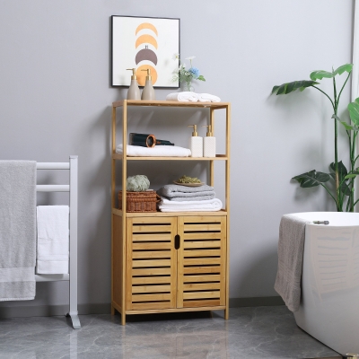 kleankin Mueble de Baño de Bambú, Armario de Baño de Pie, 2 Estantes Abiertos y Doble Puerta de Lamas, Natural