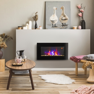 HOMCOM Cheminée électrique murale 1000/2000 W, cheminée décorative avec effet flamme 7 couleurs réglables, 72,5x11,5x40cm, noir
