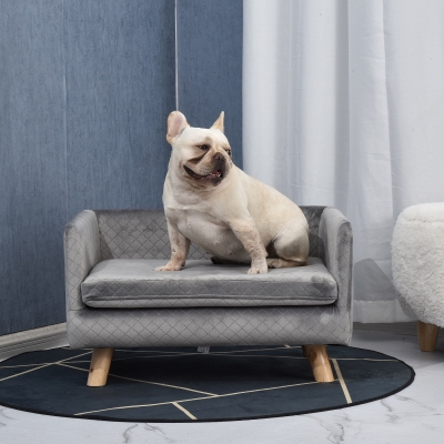 PawHut Sofá cama para perros diseño escandinavo con cojín mullido patas de madera maciza dim. 64 x 45 x 36 cm terciopelo gris