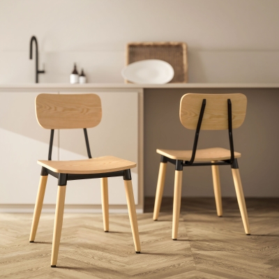 HOMCOM Lote de 2 sillas de comedor modernas con patas de acero y respaldo curvado, efecto madera natural
