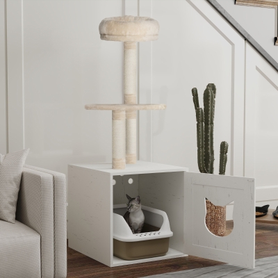 PawHut Árbol para Gatos con Casa de Arena, Torre de Juego 2 en 1 de 129 cm con Ocultador de Arena, Postes para Rascar, Crema