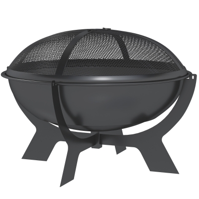 Outsunny Brasero 54x39cm de Metal Redondo con Protector de Chispas Gancho Brasero para Jardín, Balcón Negro