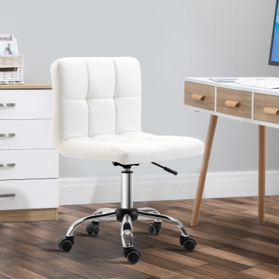 HOMCOM Silla de Oficina, Silla Giratoria, Piel Sintética, Estructura de Acero, 5 Ruedas, Acolchada, Blanco