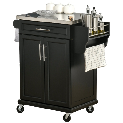 HOMCOM Îlot Cuisine Bois Noir Roulettes Placard Étagère Inox