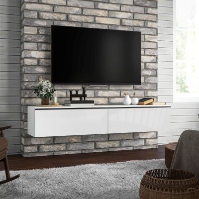 HOMCOM Mueble de TV suspendido con armario, para televisores de hasta 70 pulgadas, efecto brillante, blanco
