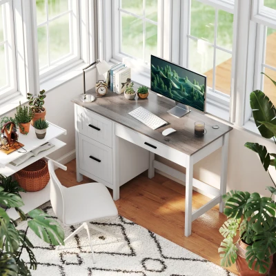 HOMCOM Escritorio Rústico 120x50 cm Mesa de Escritorio con 3 Cajones y Encimera con Efecto Madera Blanco