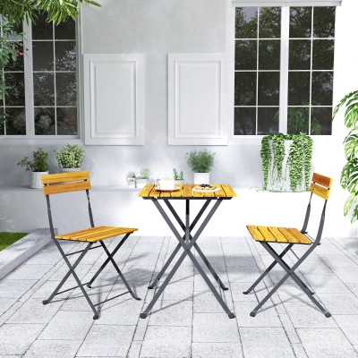 Outsunny Conjunto bistró de jardín 3 piezas con 2 sillas y mesa auxiliar de madera de acacia y acero efecto madera natural