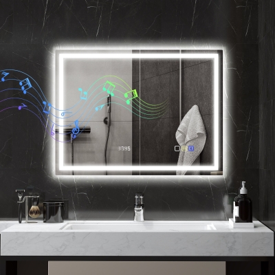 HOMCOM Espejo de Baño con Iluminación LED, Pad Anti-Beschlag, 3 Colores Ajustables, Reloj, 600 x 800 mm, Color Plata