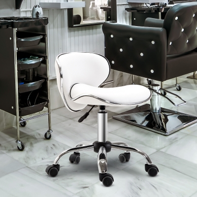 HOMCOM Taburete con ruedas taburete de trabajo con altura ajustable 44-56 cm y respaldo, giratorio 360°, blanco