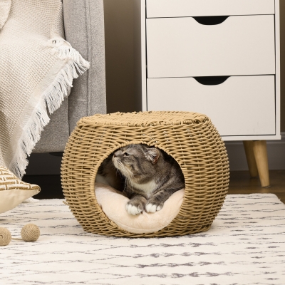 PawHut Niche cama casa para gato 2 niveles en resina trenzada aspecto mimbre con 1 cojín suave Ø 40 x 30 cm marrón claro