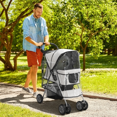 PawHut Carrito plegable para animales impermeable, para perro y gato, con portavasos, cesto de almacenamiento incluido, ruedas