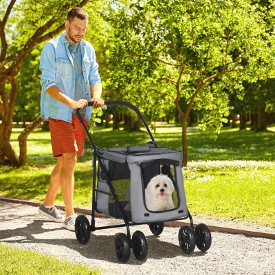 PawHut Carrito plegable para mascotas perros gatos cojín incluido ruedas con freno tela 600D Oxford 102x62x105 cm Gris