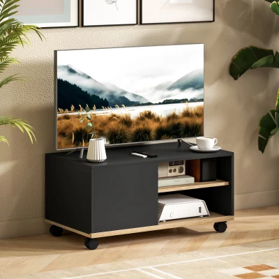 HOMCOM Mueble TV sobre ruedas con 2 Frenos - 2 estantes + Armario con Puerta 2 Pasacables - en madera Negro roble Claro