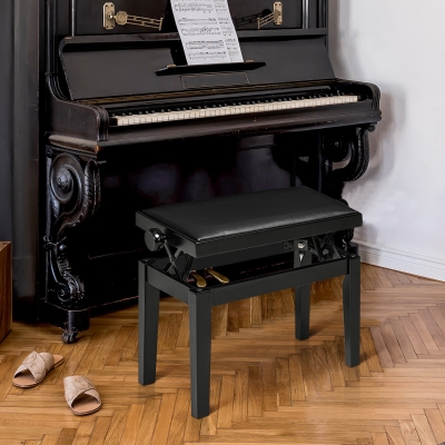 HOMCOM Banco de Piano, Taburete de Piano, Ajustable en Altura, Elegante Cuero de alta calidad, Madera de caucho, negro, 63 x 33 x 56 cm