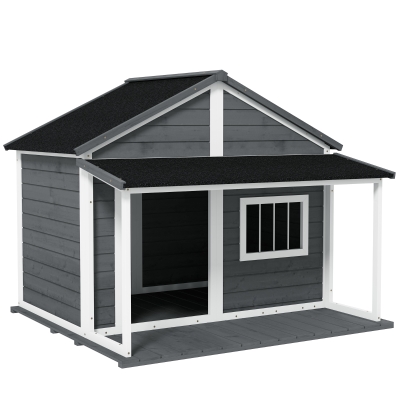PawHut Hundehütte Outdoor-Hundehütte, incl, Terraza, resistente a la intemperie, 124x112x105 cm, Gris + Blanco