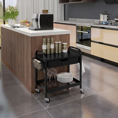 HOMCOM Carrito versátil con 1 cajón, 1 estante, 4 ruedas, Carrito de cocina, Negro