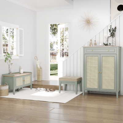 HOMCOM Banco de zapatos mueble de almacenamiento con estante elevado 2 armarios con frentes de rejilla asas de aleación de aluminio verde