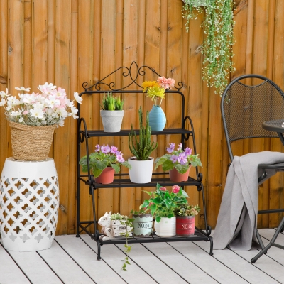 Outsunny Estante de Flores Soportes de Macetas Porta Planta Escalera Plantas con estantes en metal 3 Niveles Forma escalera Para Interior Balcón Jardín Terraza dim. 60,5L x 59,5l x 95,5H cm Negro