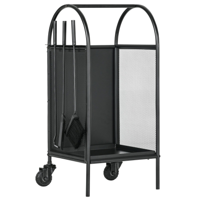 Outsunny Soporte de leña con ruedas y accesorios pala, escobillón y atizador 37,5x37,5x80 cm Negro