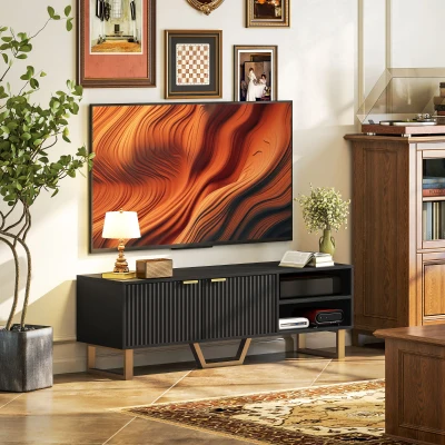 HOMCOM Mueble TV banco TV para televisor de hasta 70 pulgadas - armario de 2 puertas estriadas, compartimento abierto y pasacables