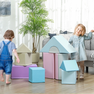 HOMCOM Set de 11 piezas de Bloques de Construcción Suaves, Bloques de Espuma para Saltar y Trepar, para Niños de 1-3 años, Cubierta de Cuero Artificial, Multicolor