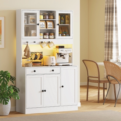 HOMCOM Mueble de almacenamiento con iluminación LED, armarios y cajón, puertas de cristal, control remoto incluido, blanco