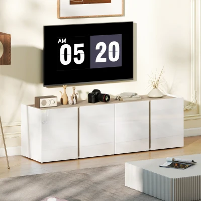 HOMCOM TV-Möbel, TV-Bank mit 4 sanft schließenden Türen, verstellbarem Regal und Kabeldurchlass, 135 x 38 x 45 cm, weiß