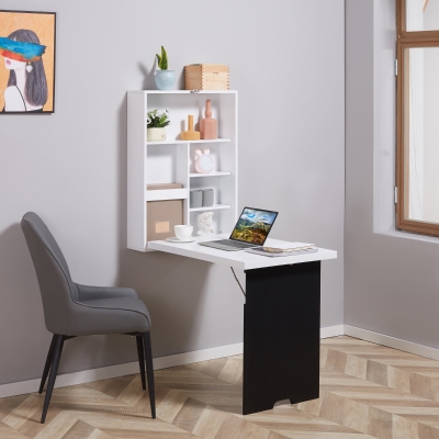 HOMCOM Escritorio de Pared, encimera abatible, 5 compartimentos, 60x94,5x147cm, Negro/Blanco