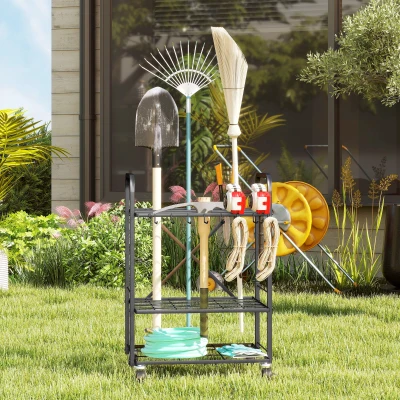 Outsunny Organizador de herramientas de jardín, soporte para herramientas de jardín 40 compartimentos a 2 niveles con ruedas 57x48x70 cm Negro