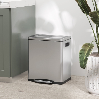 HOMCOM Cubo de Basura de Cocina 2 Compartimentos de 2 x 15L, con Pedal, de Acero Inoxidable, Tapa de Cierre Suave