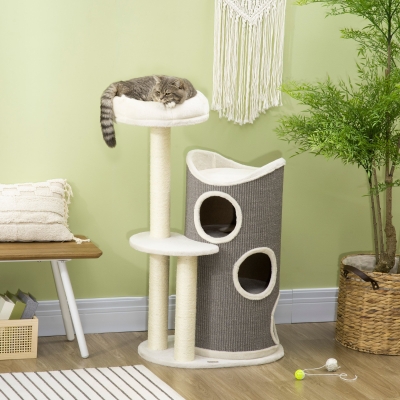 PawHut Árbol Rascador con cama para gatos y tina rascadora para gatos, 60x44,5x109 cm, Gris + Natural + Blanco