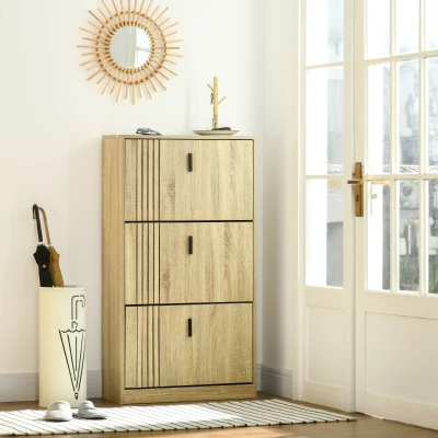 HOMCOM Mueble de zapatos de 3 abatibles 18 pares gran capacidad para entrada pasillo sala 63x24x117 cm roble