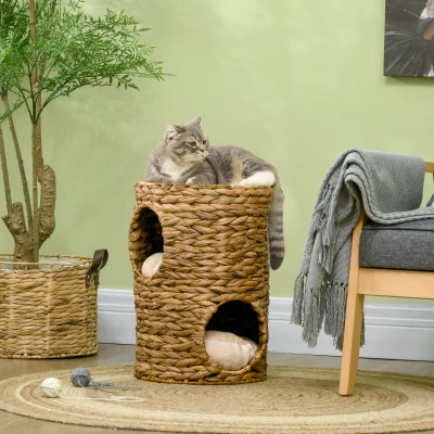 PawHut Torre Rascadora, 47 cm, 2 Cuevas, Cojín, Rascador con Cama para Gatos, Torre para Gatos de Agua Hiácinta, Marrón Claro