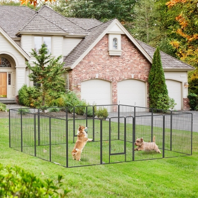 PawHut Corral para cachorros, diseño modular, 16 paneles, 2 puertas, resistente a la intemperie, acero, 3,2 x 3,2 x 1 m, gris