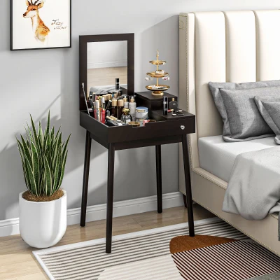 HOMCOM Tocador con espejo mesa de maquillaje, 2 cajones, espejo plegable para dormitorio, sala de estar, 60x50x85,5 cm, Negro