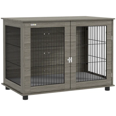 PawHut Jaula para perros 2 en 1 mesa auxiliar con cojín de peluche desmontable puerta con cerradura 100x60x73,5 cm Gris
