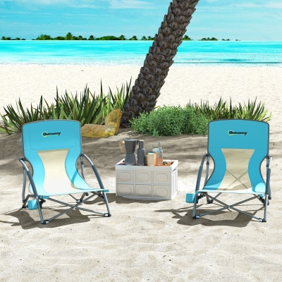 Outsunny Lote de 2 sillas de playa plegables sillas camping ligeras saco de transporte portavasos 58 x 55 x 62 cm azul