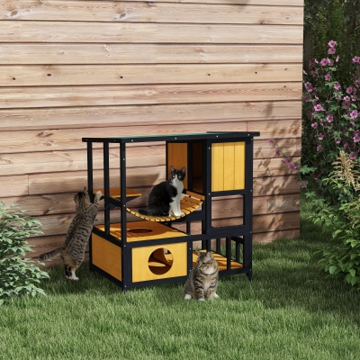 PawHut Casa de gatos, Cabaña de gatos, Caseta de gatos, resistente a la intemperie, 1 rampa, 1 plataforma, 84,5 x 60 x 88 cm, Verde + Natural