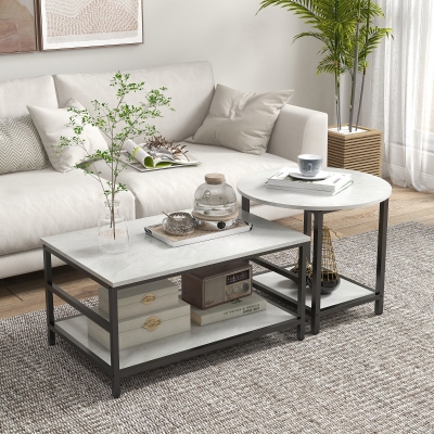 HOMCOM Conjunto de mesa de centro, 2 mesas auxiliares, acabado en mármol, patas ajustables, acero, Negro/Blanco