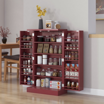 HOMCOM Armario mueble de cocina despensero 2 puertas con 5 estantes y 12 porta especias - 60cm x 30cm x 104cm - rojo