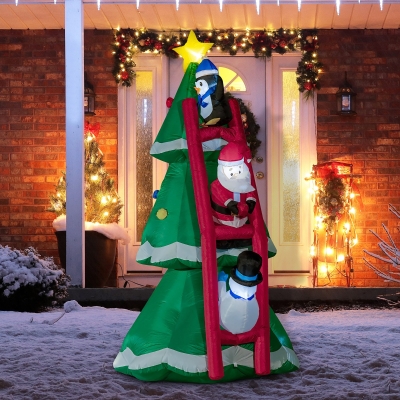 Outsunny Decoración Navideña Exterior Inflable 247 cm con luces LED, árbol inflable con Papá Noel, pingüino y muñeco de nieve para Jardín, césped, terraza, fiesta