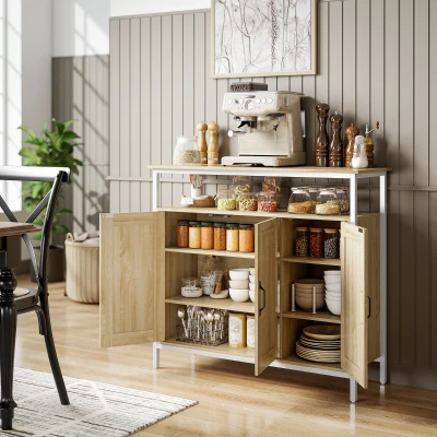 HOMCOM Sideboard, Aufbewahrungsschrank mit 3 Türen, offenes Fach und 4 verstellbaren Regalen, 100 x 35 x 88 cm, Naturholz